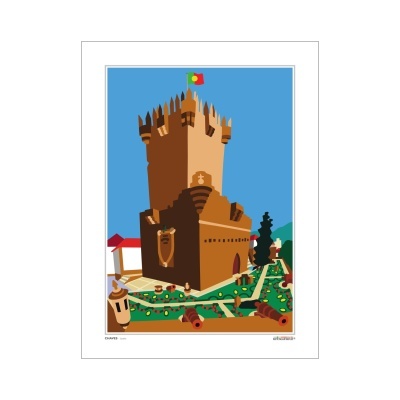 Pôster ilustrado de castelo castanho com bandeira e jardim colorido