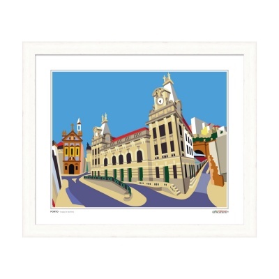 cartaz emoldurado com ilustração de edifícios históricos com relógio