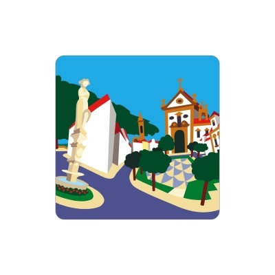 Ilustração de igreja, praça com árvores e estátua, céu azul