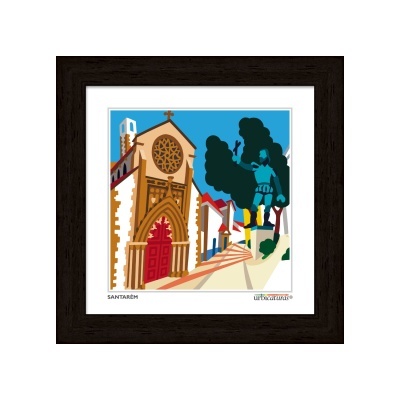Quadro com ilustração colorida de igreja e árvores, texto SANTARÉM e urbecultura