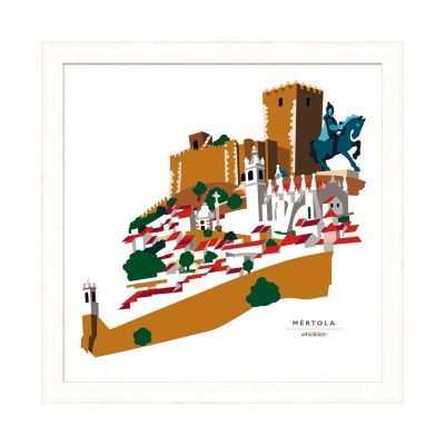 Ilustração colorida de Mértola com castelo, casas e estátua, em moldura branca