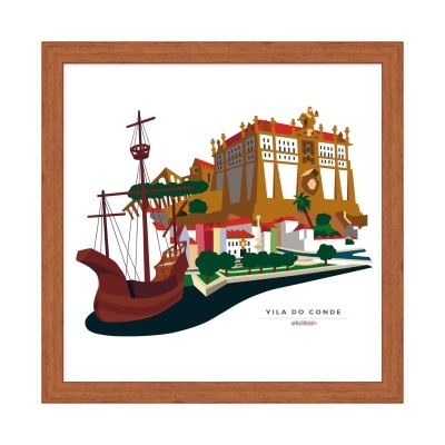 Gravura emoldurada com ilustração de navio antigo e edifício histórico em Vila do Conde