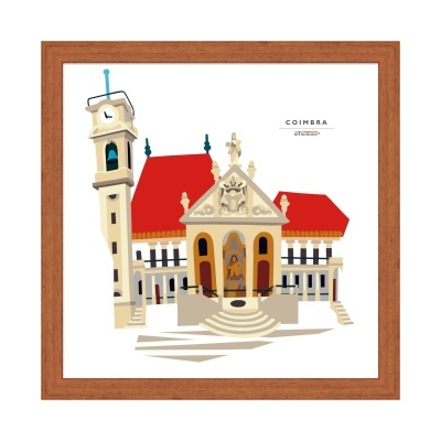Quadro ilustrado de edifício histórico de Coimbra com moldura em madeira.