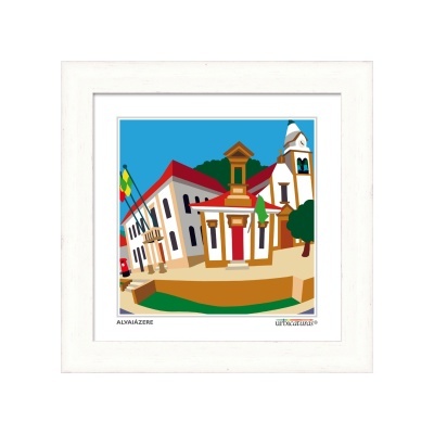 Quadro com ilustração de edifício histórico em Alvaiázere e duas bandeiras