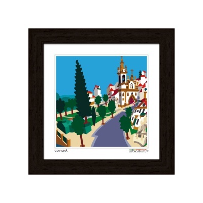 Quadro decorativo com ilustração de cidade e igreja