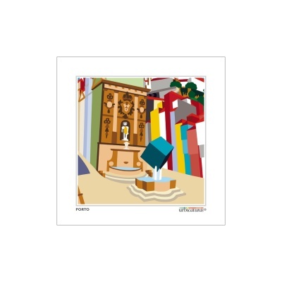 Ilustração digital colorida de fonte com cubo azul e elementos arquitetónicos em Porto