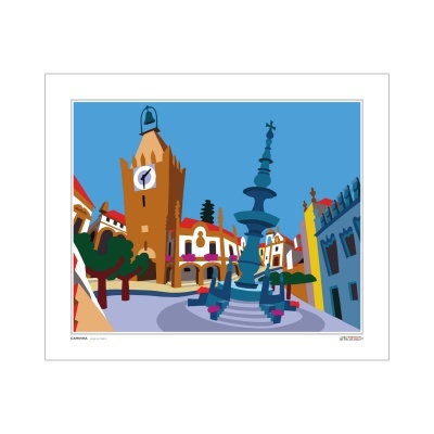 Ilustração digital de praça urbana com torre de relógio e fonte azul