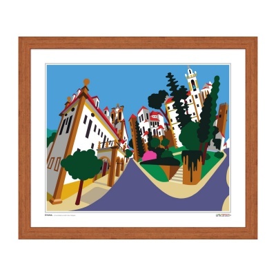 Ilustração colorida de paisagem urbana com edifícios e árvores em moldura de madeira castanha