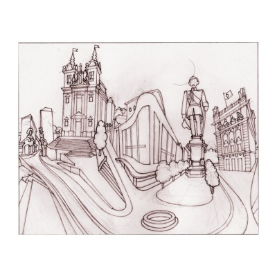 Desenho em sépia de praça urbana com estátua, árvores e edifícios