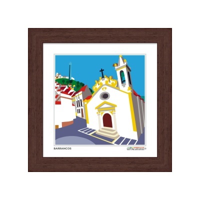 Ilustração colorida de igreja branca com detalhes amarelos e casas com telhados vermelhos em quadro com moldura castanha