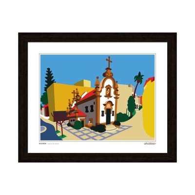 Quadro artístico colorido de uma paisagem urbana com capela e edifícios