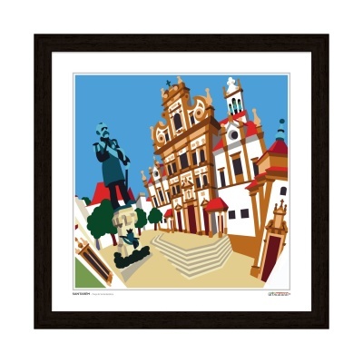 Ilustração estilizada de praça histórica com estátua e edifícios coloridos.