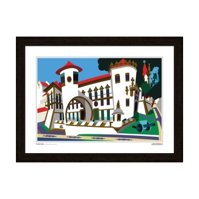 Ilustração emoldurada colorida do Palácio de São Lourenço em Funchal com elementos arquitetónicos e naturais.