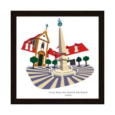 Desenho digital de praça com obelisco e edifícios em Vila Real de Santo António