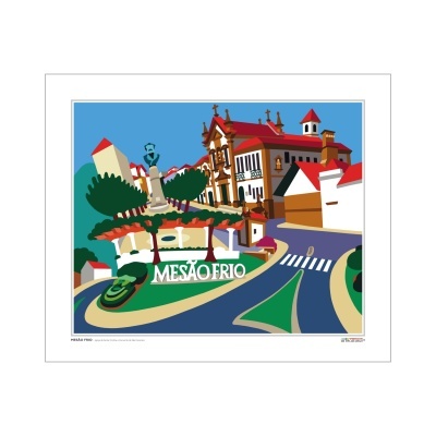 Ilustração colorida de praça com fontes, árvores, estátua e edifícios com texto MESÃO FRIO