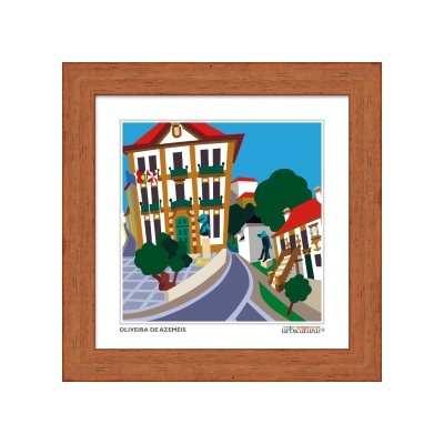 Quadro com pintura estilizada de ruas e casas em moldura de madeira
