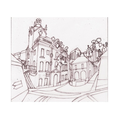 Desenho a preto e branco de edifícios clássicos num cenário urbano