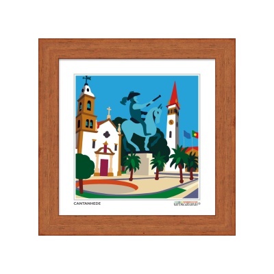 Quadro com moldura de madeira e imagem colorida de praça urbana com estátua e edifícios históricos