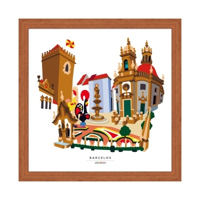 Ilustração colorida de monumentos de Barcelos com galo preto em moldura de madeira
