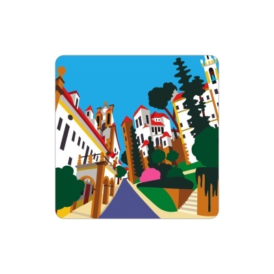 Ilustração colorida de edifícios e árvores num cenário urbano