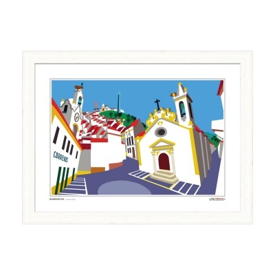 Ilustração colorida de uma vila com igreja e edifícios em quadro branco