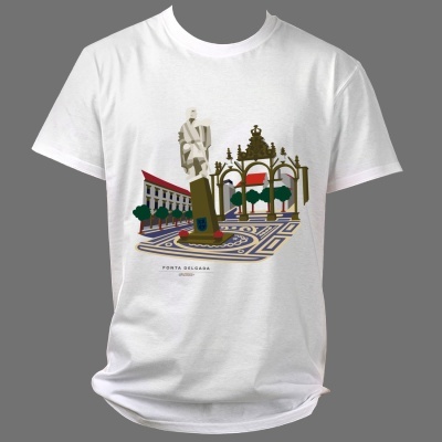 T-shirt branca com ilustração de monumentos de Ponta Delgada