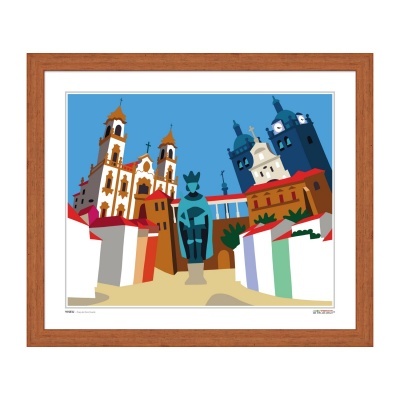 Ilustração colorida em quadro de madeira com edifícios históricos e estátua