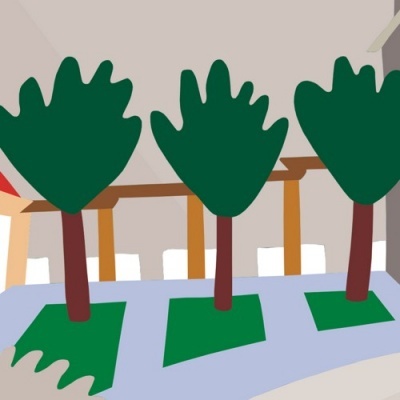 Ilustração de três árvores verdes com troncos castanhos e base quadrada