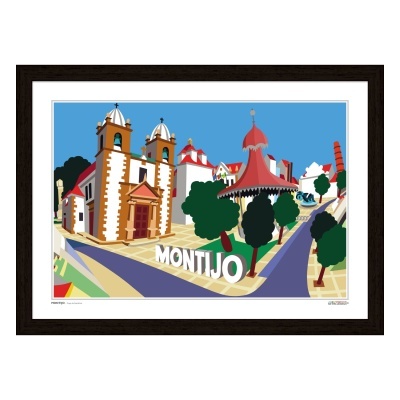 Ilustração digital colorida de igreja e edifícios com a palavra MONTIJO em quadro com moldura preta