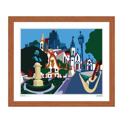 Quadro ilustrativo de praça com edifícios, busto e estátua, moldura de madeira castanha