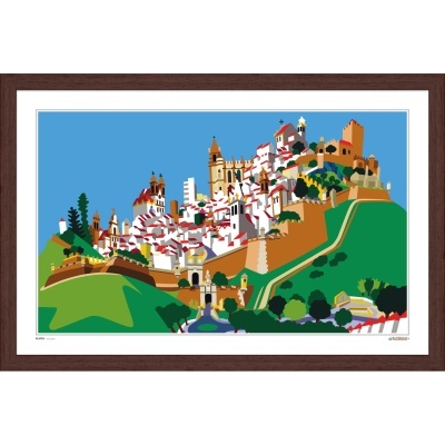 Arte digital colorida de uma cidade fortificada com casas brancas, telhados vermelhos e castelo em fundo azul