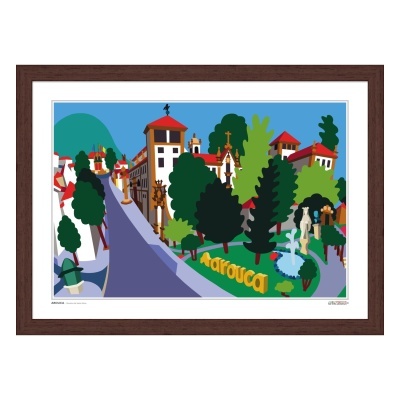 Ilustração colorida de uma paisagem urbana com árvores, fonte, edifícios e texto 'Tarouca'.