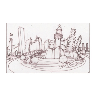 Desenho a lápis de farol, árvores e edifícios ao fundo