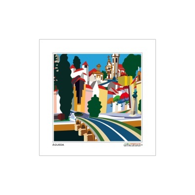 Ilustração colorida de uma paisagem urbana com casas e árvores e texto AGUEDA