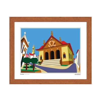 Ilustração colorida de edifício com moldura de madeira castanha