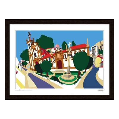 Ilustração colorida de uma praça com igreja, árvores e monumento central com cruz.