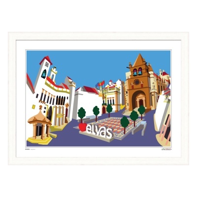 Ilustração digital colorida de praça em Elvas com edifícios históricos e árvores