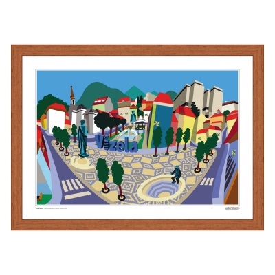 Ilustração colorida da cidade de Vizela com praça e edifícios