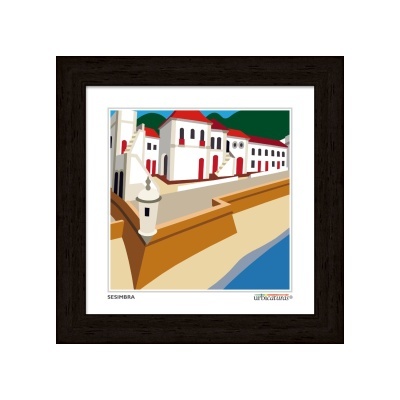 Quadro digital da vila de Sesimbra com muralha castanha e mar azul
