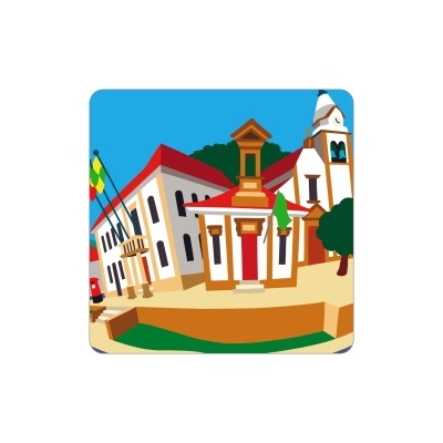 Ilustração de edifícios com telhados vermelhos e torre de igreja num cenário urbano