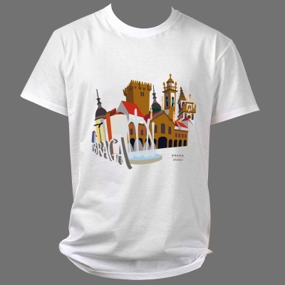 T-shirt branca com design colorido de edifícios e fonte de Braga com texto BRAGA