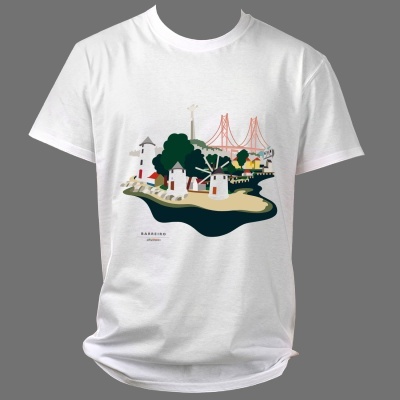 T-shirt branca com estampado gráfico de moinhos e ponte