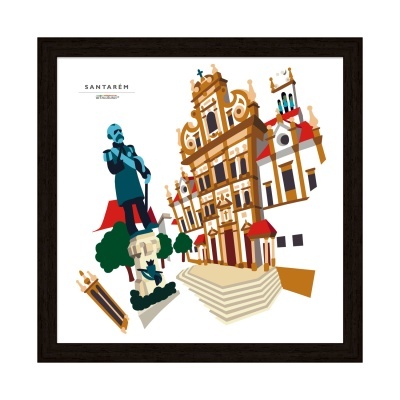 Ilustração estilizada de monumentos e estátua de Santarém em quadro decorativo