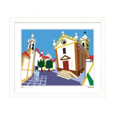 Gravura de igreja com fachada branca amarela, árvores verdes e fontes numa moldura branca