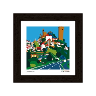 Ilustração colorida de vila com casas brancas, telhados vermelhos e estrada azul, em moldura preta