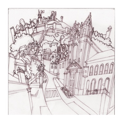 Desenho esquemático em preto e branco de uma cidade com edifícios e árvores