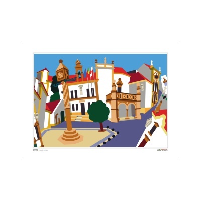 Ilustração colorida de praça com edifícios e coluna central