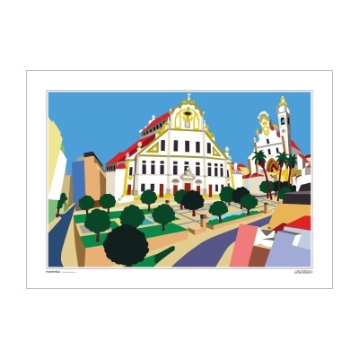 Ilustração colorida de edifício histórico com árvores e estrada curva