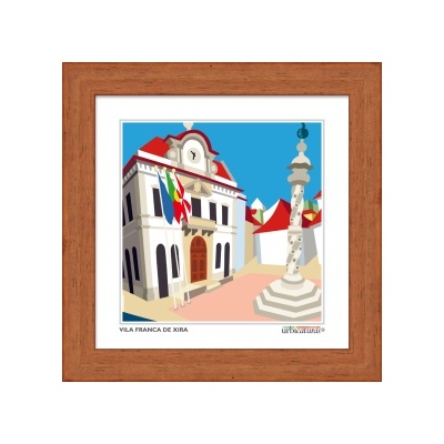 Quadro artístico de Vila Franca de Xira com edifício branco, bandeiras e coluna decorada