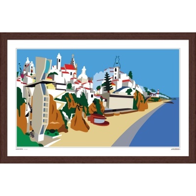 Ilustração costeira colorida com edifícios brancos e tectos vermelhos e praia